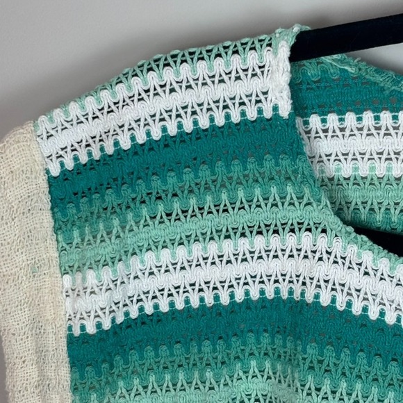 Womens Handmade Teal‎ Beige Crochet Woven Fringe Cap Sleeve Hippie Peasant Top M - Picture 3 of 7